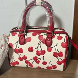 Cherry Print Handbag with Red Accents